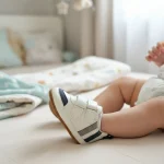 Zapatilla de bebé primeros pasos blanco con franjas azul marino - Modelo 017