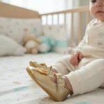 Zapatilla de bebé primeros pasos beige con moño dorado - Modelo 046